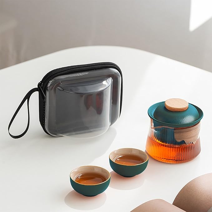 fanquare Ceramic Tea Pot Set Porcelain Kung Fu Teapot Set with 2 Mini Teacups Infuser Portable Handbag for Travel Tea Pot with Wooden Protection, Green - Bloomnest