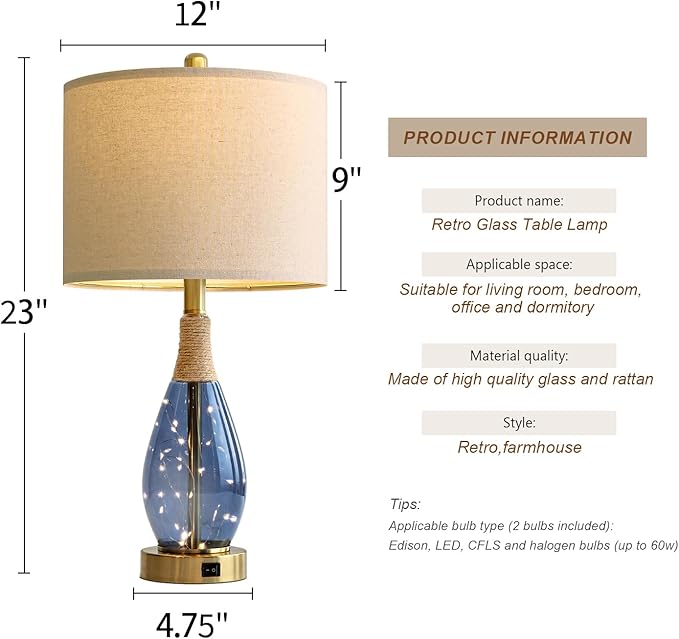 OYEARS 23" Table Lamps for Living Room Set of 2 Bedside Lamps for Night Stands Bedroom Lamps Farmhouse Rattan Boho Lamp Glass Nightlight End Table Lamp with USB C+A (Blue),Two Light Points - Bloomnest