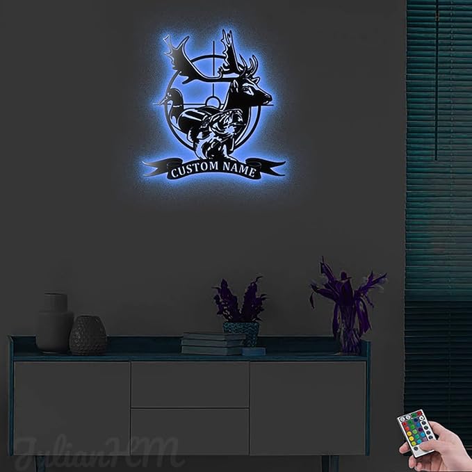 Lovely POD Personalized Metal Sign, Deer Duck Fish Hunting Art, Led Lights Wall Art, Custom Hunter Name Sign Decoration for Home, Fishing And Hunting Gift - Bloomnest
