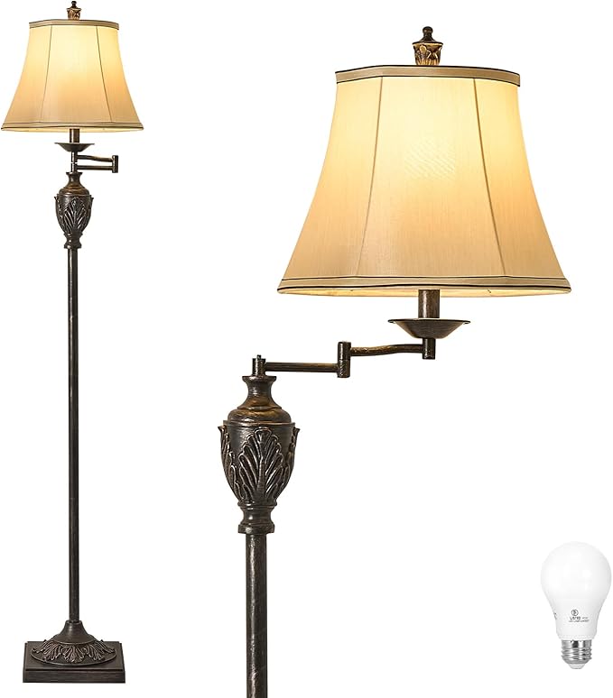 Traditional LED Floor Lamp with 350° Adjustable Swing Arm Lamp – Vintage Standing Pole lamp for Living Room, Bedroom and Office – Rustic Upright Floor Light for Home Décor with Faux Silk Fabric Shade - Bloomnest
