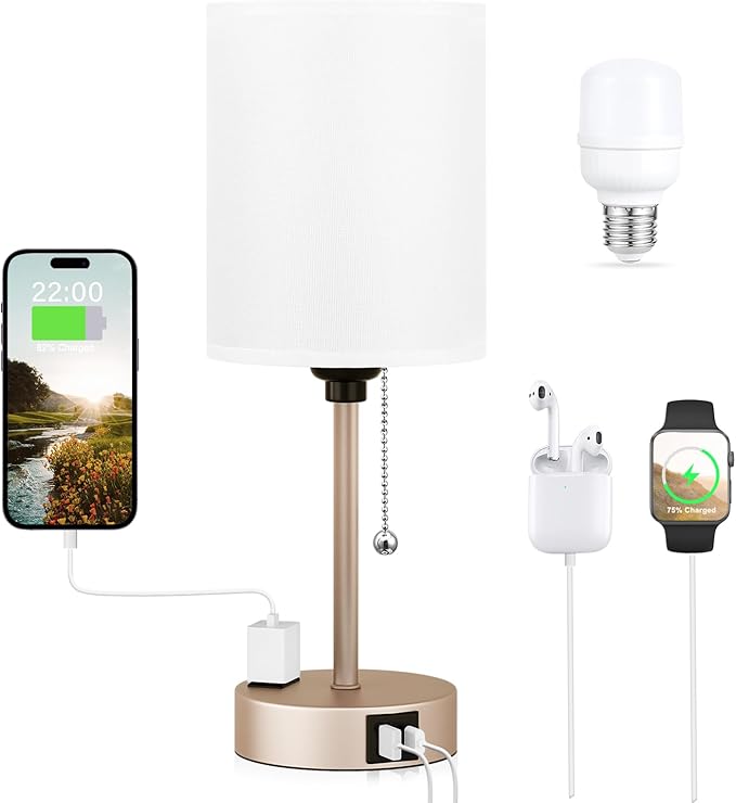Small Bedside Table lamp for Bedroom - 3 Color Temperatures Bedside Lamps with USB C and A Ports, Pull Chain Table Lamps with AC Outlet, Gold Nightstand Lamps with White Shade for Kids Reading - Bloomnest