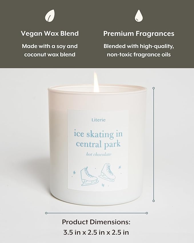 Literie NYC Inspired Scented Candle: Ice Skating in Central Park - Hot Chocolate Scent, 9oz, 50 Hour Burn, Vegan Soy & Coconut Blend Candle for Home Decor, Gift for Women & Men - Bloomnest