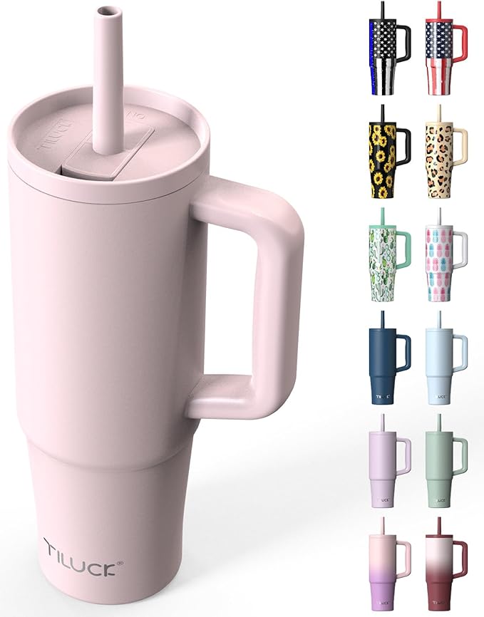 TILUCK 30 oz Tumbler with Handle, Vacuum Insulated Stainless Steel Travel Mug with 100% Leak-Proof Silicone Straw Lid, Cupholder Friendly Water Bottle(LightPink, 30oz)