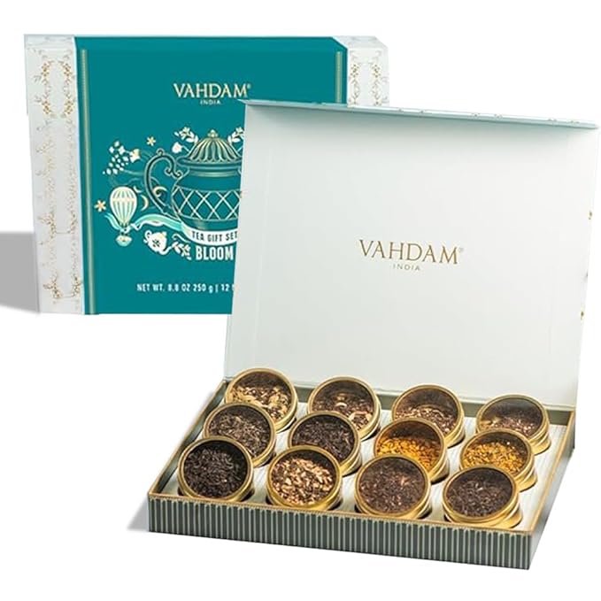 VAHDAM, Bloom - Assorted Christmas Tea Gift Sets (12 Loose Leaf Tea) Tin Caddy Presentation Box | Gluten Free, Non GMO | Holiday Gifts for Everyone - Bloomnest
