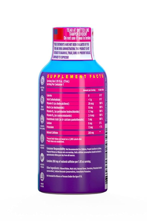 Vitamin Energy Vitamin D Extra Strength Energy Shot Mixed Berry 8 Pack, 260mg Natural Caffeine, B-Complex, Vitamin D, Wellness Support, Keto, Zero Sugar, Gluten-Free Vegan Kosher, 1.93 fl oz - Bloomnest