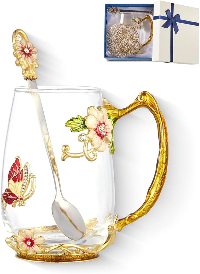 Flower Tea Cup,Clear Glass Fancy Coffee Mug with Spoon,Gift Box for Her Mom Wife Grandma Girls Friends Valentines Christmas Birthday Present Idea for Juice Milk Hot And Cold Drinks Use - Bloomnest