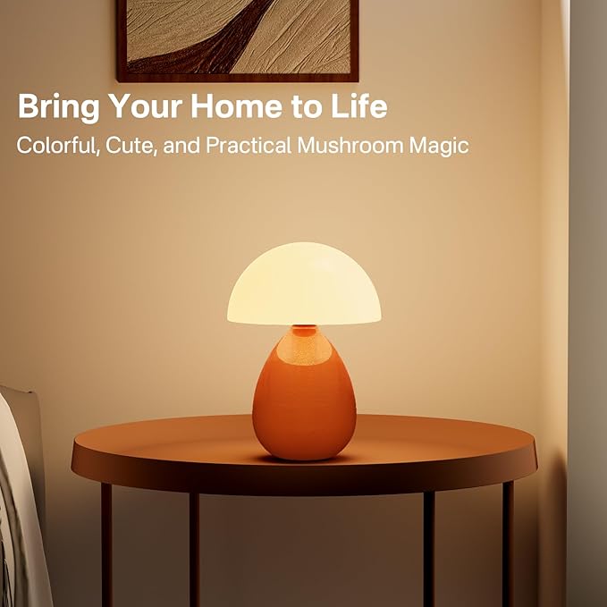 Mushroom Lamp Table Lamp for Bedroom,Desk Lamp Bedside Small Lamps for Living Room Night Stands,Table Lamps Cute Modern Mid Century Lamps,Unique Ice Crackle Ceramic Living Room Decor(Orange) - Bloomnest