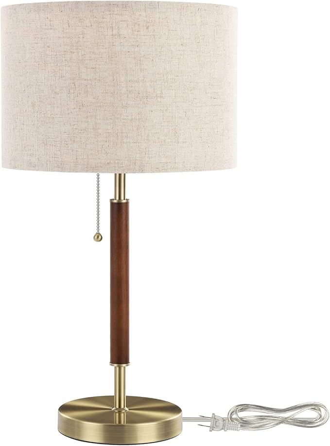 EDISHINE Mid Century Table Lamp, Bedside Lamp with Pull Chain Switch, Solid Wood & Metal Pole, Modern Nightstand Table Lamp for Living Room, Bedroom, Office, Frosted Bronze & Wood Finish - Bloomnest