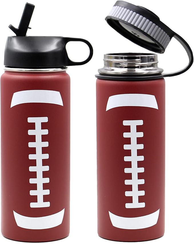 18 oz Football Water Bottle with Straw, Sports Flask Metal Travel Tumbler with 2 Lids, Stainless Steel Double Wall Vacuum Insulated Leak Proof Thermo Water Bottles, Football Gear Gifts for Boys Girls - Bloomnest