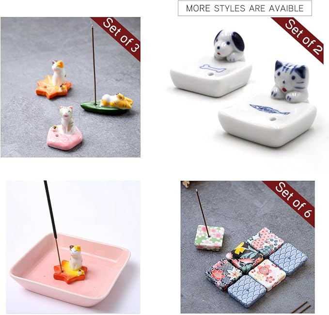 Set of 3, Japanese Mini Cute Kitty Cat Handmade Ceramic Incense Stick Holder or Incense Burner Holder, Adorable Animal Theme Inscent Tray for Home Decor Yoga Spa Meditation, 1.57 inch - Bloomnest
