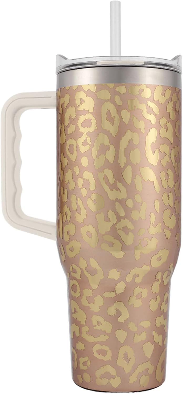 Yukon Outfitters Fit Forty 40oz Double Wall Vacuum Insulated Stainless Steel Tumbler with Reusable Straw & Ergonomic Handle | For Hot or Cold Beverage, Gold Leopard