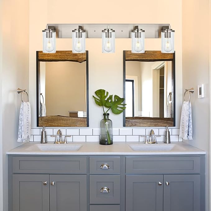 BONLICHT Brushed Nickel Bathroom Light Fixtures 5 Light Modern Vanity Lights Industrial Glass Wall Sconce Farmhouse Bath Lighting Over Mirror Wall Mount for Kitchen Living Room Hallway Workshop - Bloomnest