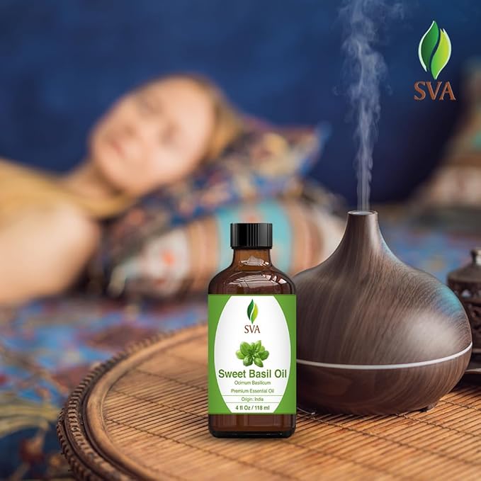 SVA Sweet Basil Essential Oil – 4 Fl Oz – 100% Natural Basil Oil - for Diffuser, Hair Care, Face, Skin Care, Aromatherapy, Scalp and Body Massage, Soap and Candle Making – with Dropper - Bloomnest