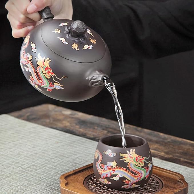 Hand-made Dragon and Phoenix Color-changing Purple Clay Teapot，Zisha Tea Pot Chinese Kung Fu Tea Set Tea Lover‘s Gift Large Capacity Teapot(17.6 oz) - Bloomnest
