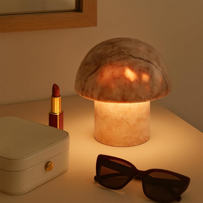 Marble Mushroom Table Lamp - Small Rechargeable USB-C Cordless Touch-Dimmable Night Light, Hand-Polished Natural Stone, 4.3"x4.7" - Bloomnest