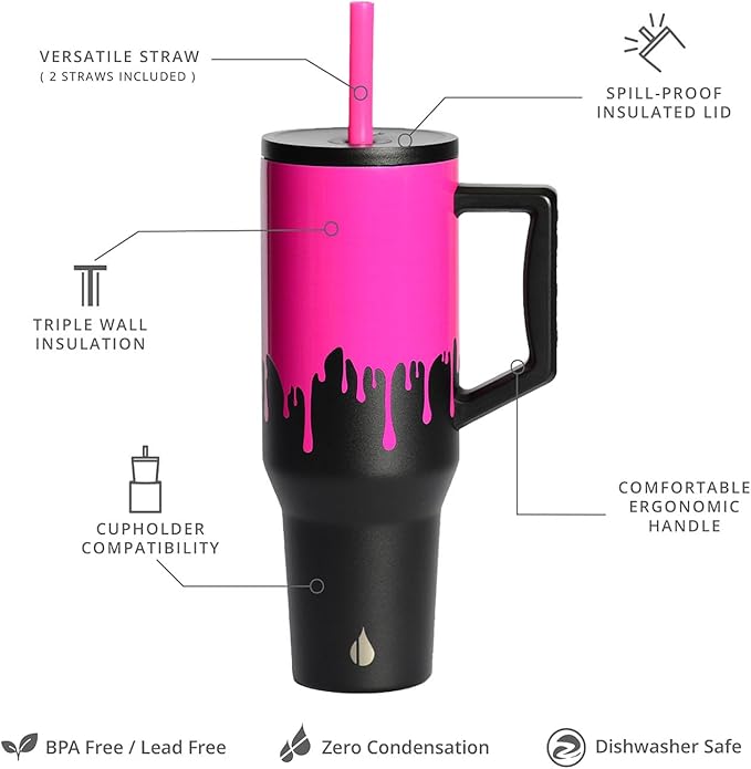 Elemental 40 oz Tumbler with Handle and Straw - Spill Proof Insulated Stainless Steel Commuter for Hot and Cold Beverages - Travel Coffee Mug with 2 Straws & Spill Proof Lid - 40oz - Hot Pink Drip - Bloomnest