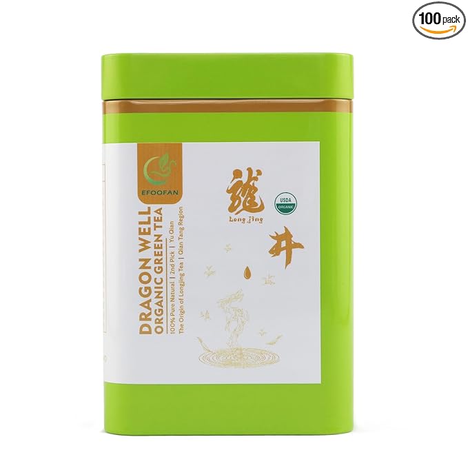EFOOFAN Organic Dragonwell Green Tea Loose Leaf, 3.53oz/100g, USDA/EC Certified, 2nd Pick/YuQian Chinese Tea Leaves, Longjing Cha - Bloomnest