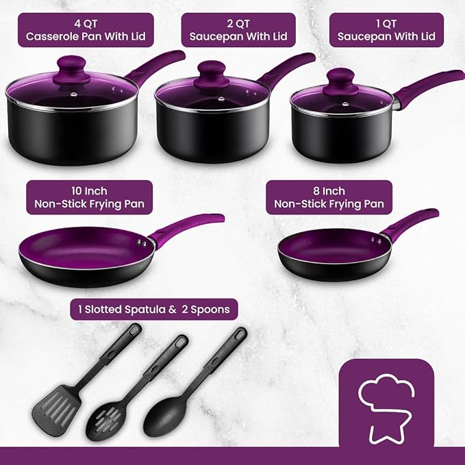 Chef’s Star Aluminum Pots and Pans Set for Kitchen - Nonstick Stackable Induction Cookware, 11 Pcs, Purple - Bloomnest