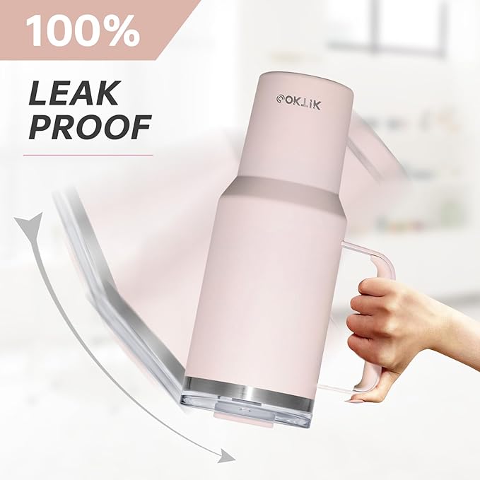 COKTIK 40 oz Tumbler With Handle and Straw Lid, Vacuum Insulated Travel Coffee Mug Stainless Steel Insulated Cup for Beverages, Leak-proof, Cupholder Friendly (Rose Quartz) - Bloomnest