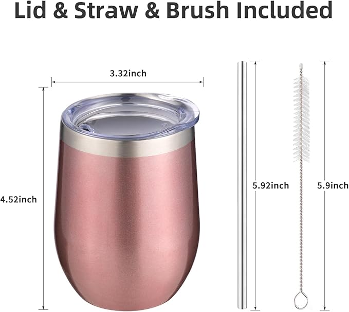 12 oz Insulated Wine Tumbler with Lid and Straw,Stainless Steel Stemless Wine Tumbler Glasses Double Wall Vacuum Wine Cups Tumbler Bulk for Champaign,Cocktail,Office(Rose Gold,8) - Bloomnest