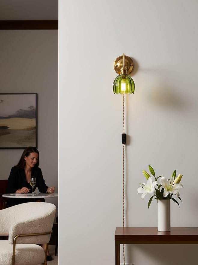 Vintage Plug-in Wall Sconce with Green Glass Shade – Brass E26 Socket Fixture, Easy Mount with Switch, Convertible to Hardwired, Accent Light for Bedroom, Vanity, Hallway - Bloomnest