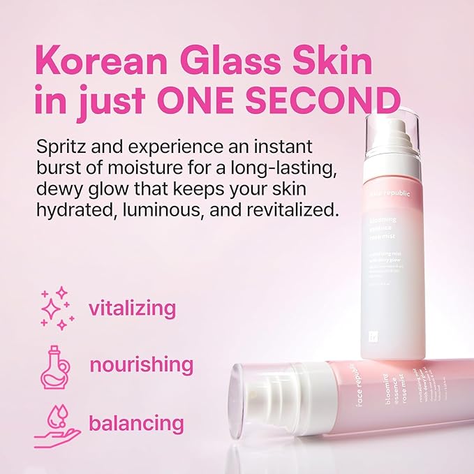 Face Republic Blooming Essence Rose Mist 100ml 3.38 fl oz | Instant Glass Skin | All In One Mist | Revitalizing, Nourishing, Deep Hydration, Dewy Glow | Damask Rose, Bakuchiol | Vegan Korean Skin Care - Bloomnest