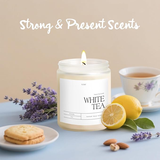 White Tea Candles for Home Scented, Natural Soy Wax Aromatherapy Non Toxic Scented Candle, Handmade Highly Scented & Long Lasting Jar Candle for Stress Relief, Relaxation, Holiday Gifts (9oz) - Bloomnest
