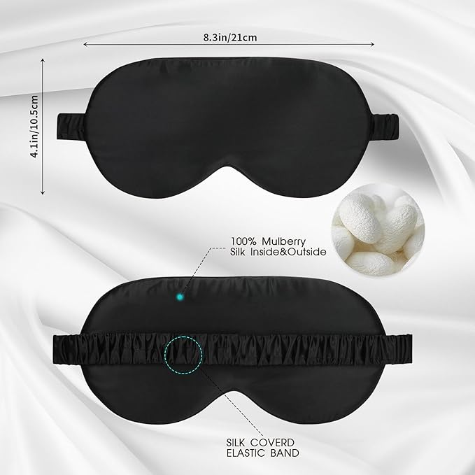 Silk Eye Mask for Sleeping for Women/Men/Adults with Elastic Strap,Blackout Pure Mulberry Silk Sleep Mask for Side Sleeper/Travel/Plane,Black - Bloomnest