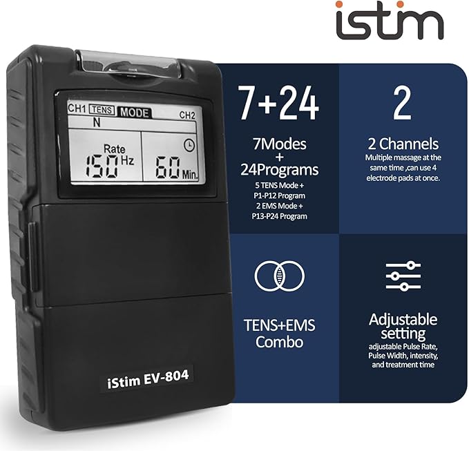 iSTIM EV-804 TENS/EMS 2 Channel Rechargeable Combo Machine Unit - Muscle Stimulator + Back Pain Relief and Management- 7 modes/24 Programs/Backlit (Including Electrodes Pads)