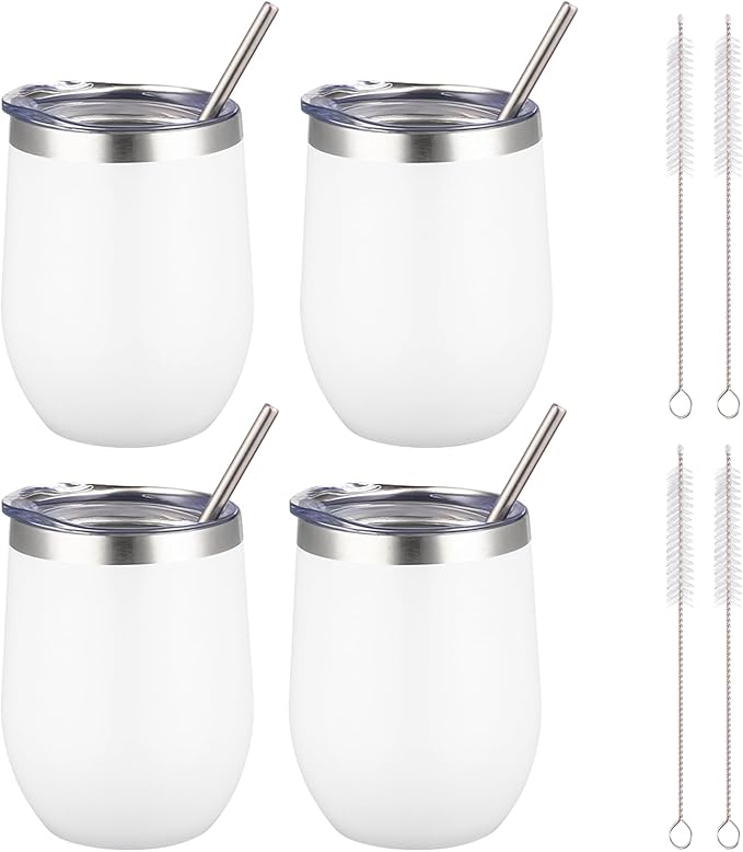 12 oz Insulated Wine Tumbler with Lid and Straw,Stainless Steel Stemless Wine Tumbler Glasses Double Wall Vacuum Wine Cups Tumbler Bulk for Coffee,Cocktail,Office (White,4) - Bloomnest