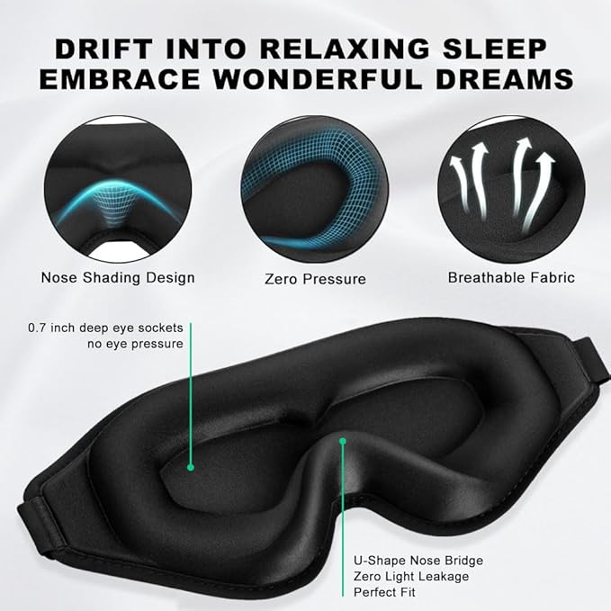 3D Contoured Sleep Eye mask Side Sleeper Men Women Zero Eye Pressure high Density Memory Foam Soft Breathable Light Blocking Night Blindfold Travel Yoga Napping Black - Bloomnest