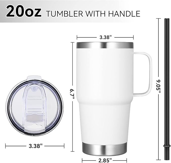 VEGOND 20 oz Tumbler Bulk with Handle Lid and Straw, Stainless Steel Insulated Travel Coffee Mug Set, Spill Proof Double Wall Metal Tumblers Cups, New White 12 Pack - Bloomnest