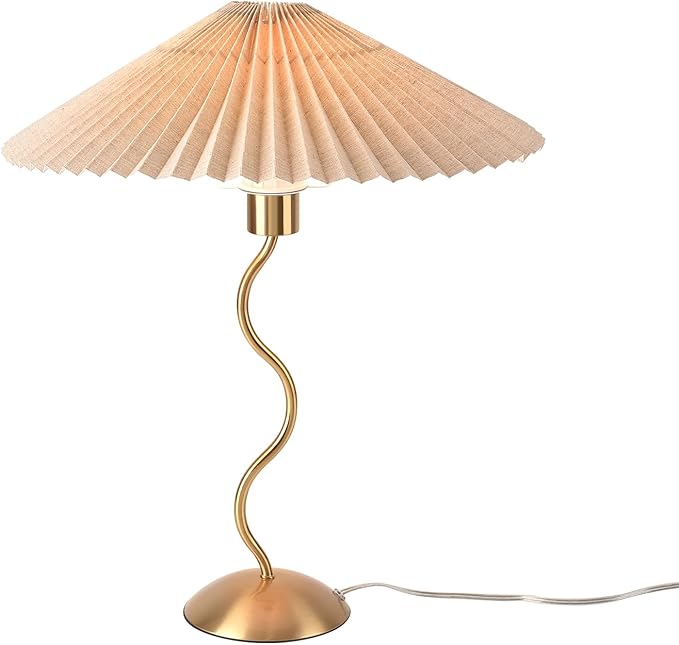 Gold Pleated Small Table Lamp, Brass Modern Bedside Table Lamp for Bedroom, Mini Pleated Lamp Shape, MCM Table Lamp Bedroom Bow Lamps for Nightstand - Bloomnest