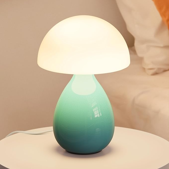 Mushroom Side Table Lamp, Mini Modern Lamp Small Vintage Table Bedside Nightstand Light, Small Light Dimmable for Bedroom, Living Room, Ceramic Base Glass Led Home Decor for Woman Gifts - Bloomnest