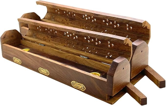 2 Pack Wooden Coffin Incense Sticks Burner - 12 Inches Brass Inlays - Storage Compartment (Celtic Knot) - Bloomnest