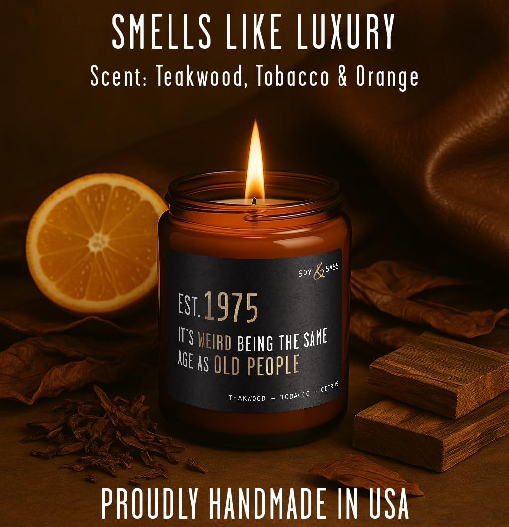 50th Birthday Gifts for Him/Her - 'Weird Being The Same Age as Old People' Soy Candle, w/Teakwood & Tobacco I 50th Birthday Gifts for Men/Women I 1975 50 Year Old Gift for Men I Made in USA