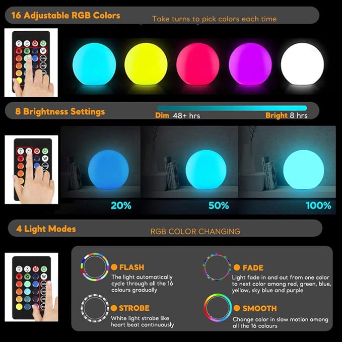 12-Inch LED Ball Light, Changing Glowing Orb Light with Remote, Soft Dimmable Globe Floor Lamp, Rechargeable Globe Mood Lamp, Waterproof Decorative Cordless Night Lights for Home Bedroom Nursery Patio - Bloomnest