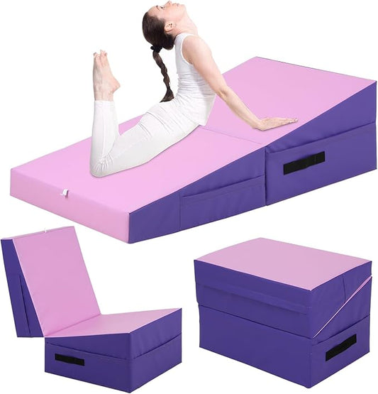 Gymnastics Mat Incline Tumbling Mats yoga mat for Home Gym, Folding Exercise Mat with Non-Slip PU Surface & Handles, Cheese Wedge Mat - Bloomnest