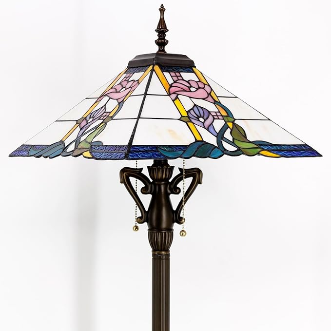 Tiffany Floor Lamp Pink Flower Mission Style Stained Glass Standing Reading Light 16X16X64 Inch - Bloomnest