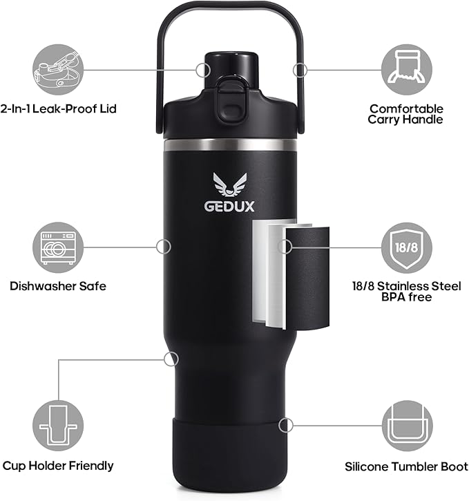 32 oz Stainless Steel Tumbler with Handle and Straw, Vacuum Insulated Water Bottle with 2-in-1 Lid (Chug/Straw) and Silicone Boot，Keeps Drinks Hot and Cold - Bloomnest