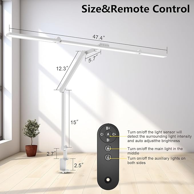 36W Ultra Bright Architect Desk Lamp with Clamp, Tall Overhead Rotatable Led Desk Light for Home Office, 47Inch Long Adjustable Monitor Light Bar with Remote for Computer Screen Desktop Table - Bloomnest
