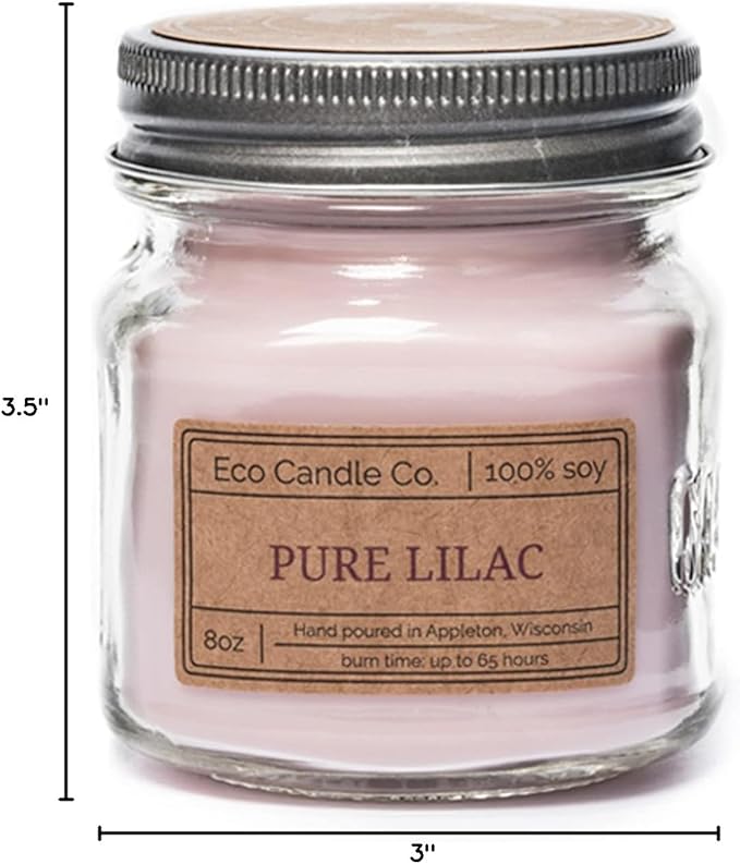 ECO CANDLE CO. Mason Jar Candle, Pure Lilac, 8 oz. - Scents of Pure Lilac Bushes - 100% Soy Wax, No Lead, Kraft Label & Antiqued Pewter Lid, Hand Poured, Made from Midwest Grown Soybeans - Bloomnest