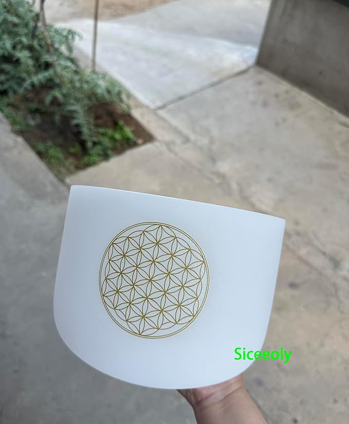 8" C Note 432HZ Flower of Life Crystal Singing Bowl Frosted Quartz Root Base Chakra Meditation Sound Healing with Durable Carrying Case Suede Striker O-ring - Bloomnest