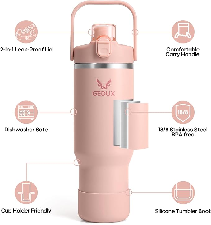 32 oz Stainless Steel Tumbler with Handle and Straw, Vacuum Insulated Water Bottle with 2-in-1 Lid (Chug/Straw) and Silicone Boot，Keeps Drinks Hot and Cold - Bloomnest