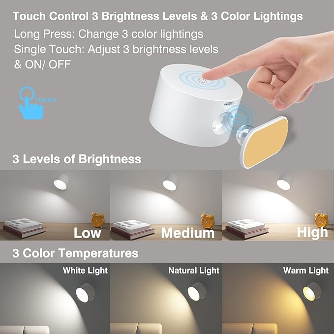 Battery Operated Wall Light, LED Lamp with 360°Adjustable Lighting Indoor Light 3 Color Modes Brightness Levels Touch Control, Mounted for Bedroom Reading Bedside-1Pack White - Bloomnest