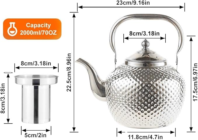 SANQIAHOME 2000ml teapot with Infuser stainless steel Water Boilers lifting handle Tea Maker Water Kettle for Induction/Gas silver - Bloomnest