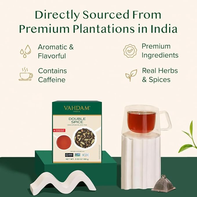 VAHDAM, Double Spice Masala Chai Tea (50+ Cups, 3.53oz) Strong, Robust & Spicy Blend - Black Tea CTC, Cardamom, Cinnamon, Cloves & Black Pepper | Pure Unblended Loose Leaf Tea | Vacuum Sealed - Bloomnest