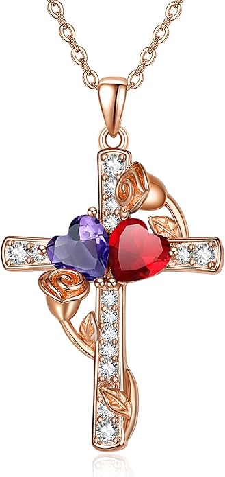 Rose Gold Dual Birthstones Cross Necklace for Women Rose Flower Jewelry Anniversary Christmas Mother's Valentine's Day Birthday Gift for Wife Girlfriend Mom - Bloomnest