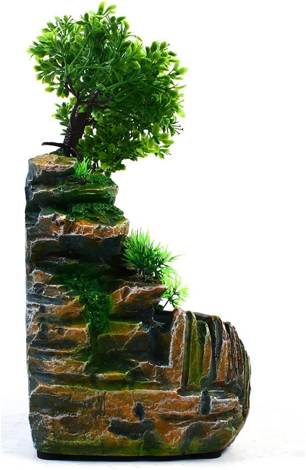Desktop Fountain Waterfall with Light Rockery Fountain Zen Meditation Plants Stones LED Lamp Indoor Feature with Automatic Pump Relaxation Resin Planter for Office Decoration - Bloomnest