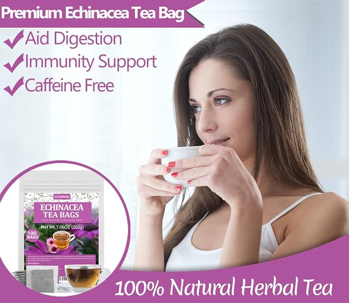 Premium 100 Echinacea Tea Bags, Made with 100% Natural Echinacea Purpurea Flower & Herb, Aid Digestion & Boost Immunity, No Additives & Caffeine Free. - Bloomnest